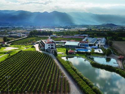 Image from Mesta Valley with vineyards,  winery, hotel and surrounding mountains
